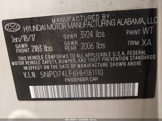 5NPD74LF6HH181110 Hyundai ELANTRA SE