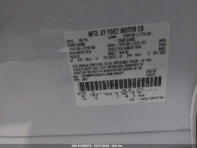 2FMPK3G91LBB22587 Ford EDGE SE