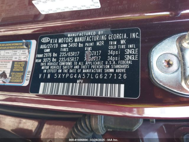 5XYPG4A57LG627126 KIA Sorento 3.3l Lx
