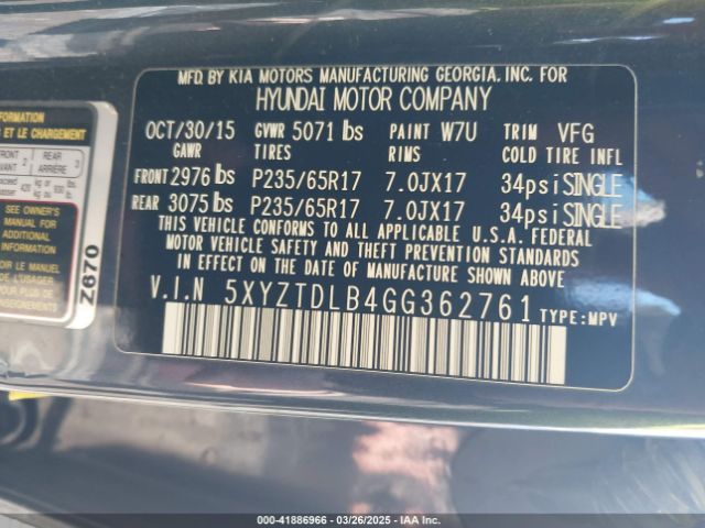 5XYZTDLB4GG362761 Hyundai Santa Fe Sport 2.4l