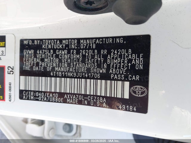 4T1B11HK9JU141706 Toyota CAMRY SE