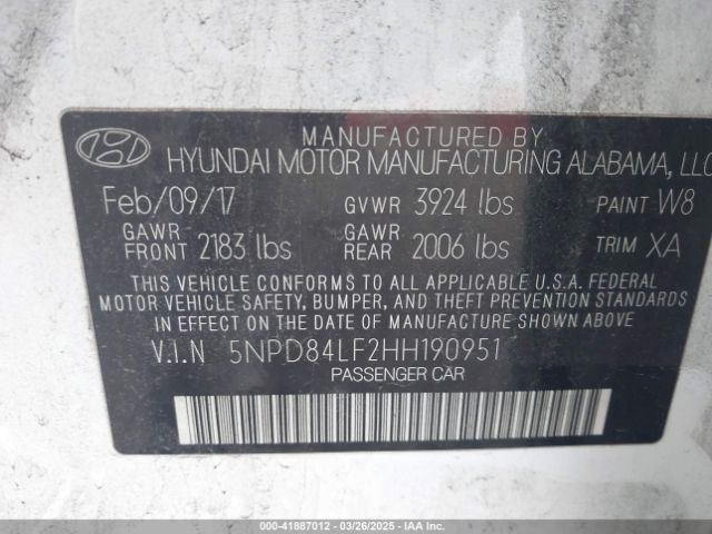 5NPD84LF2HH190951 Hyundai ELANTRA SE
