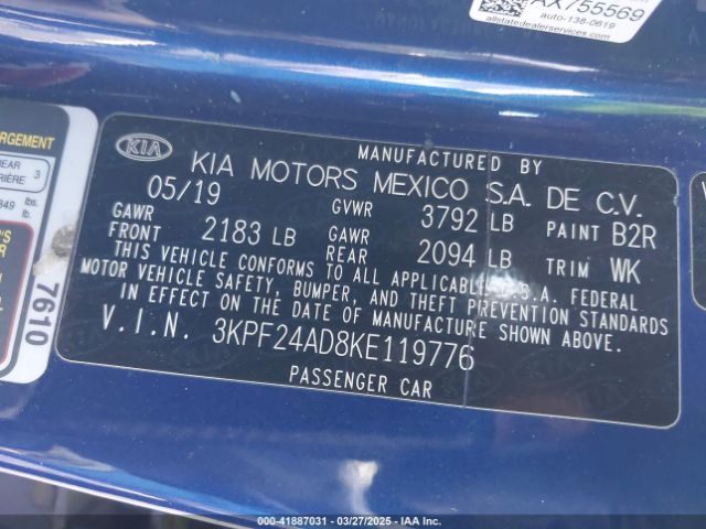3KPF24AD8KE119776 KIA Forte Lxs