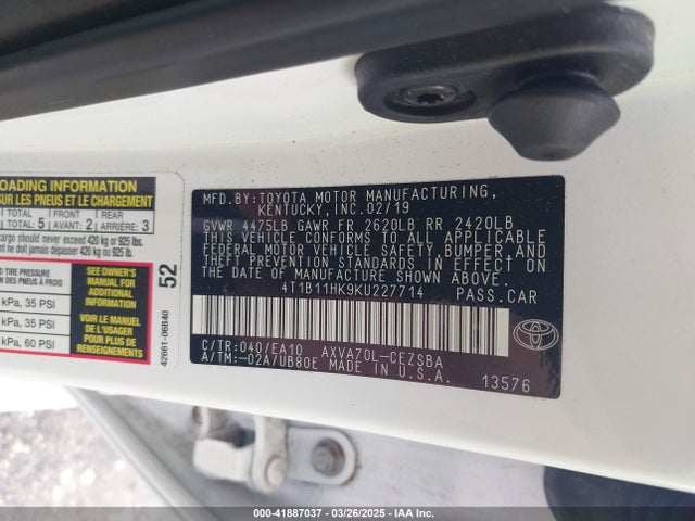 4T1B11HK9KU227714 Toyota CAMRY SE