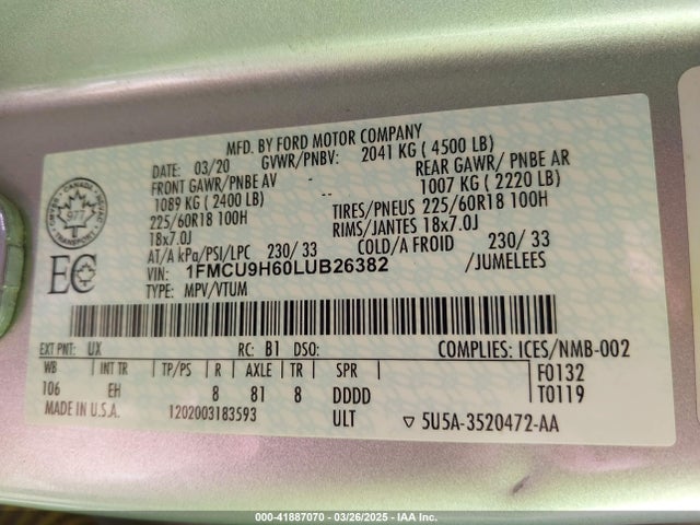1FMCU9H60LUB26382 Ford 2020