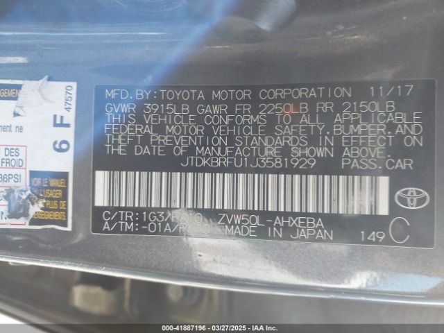 JTDKBRFU1J3581929 Toyota Prius One