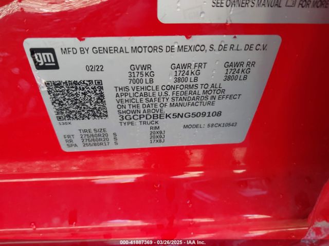 3GCPDBEK5NG509108 Chevrolet Silverado 1500 4wd  Short Bed Custom