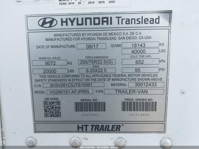 3H3V281C5JT615061 Hyundai Translead Inc Unknown