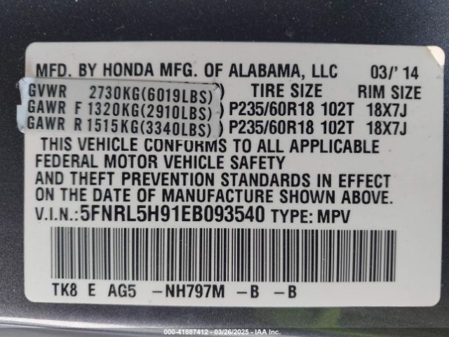 5FNRL5H91EB093540 Honda Odyssey Touring/touring Elite
