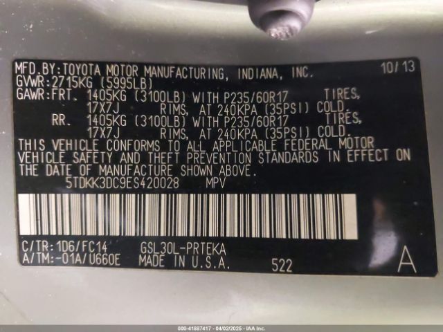 5TDKK3DC9ES420028 Toyota Sienna Le V6 8 Passenger