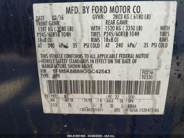 1FM5K8B89GGC42543 Ford Explorer