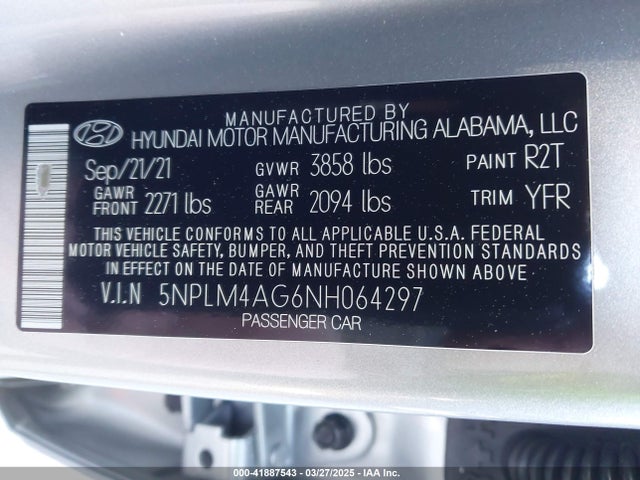 5NPLM4AG6NH064297 Hyundai ELANTRA SEL