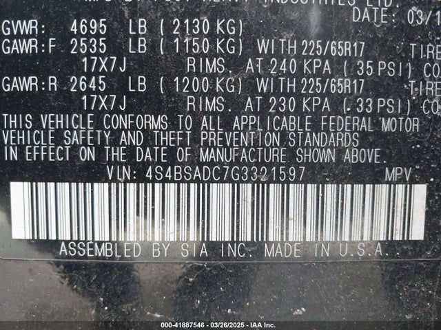 4S4BSADC7G3321597 Subaru Outback 2.5i Premium