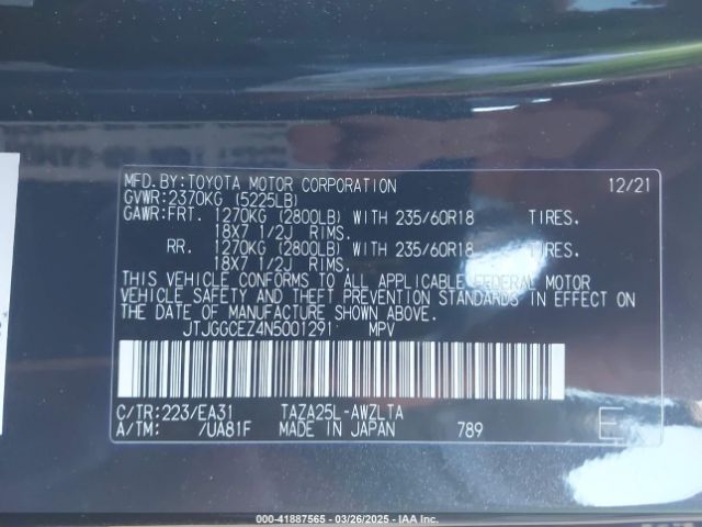JTJGGCEZ4N5001291 Lexus Nx 350 Premium