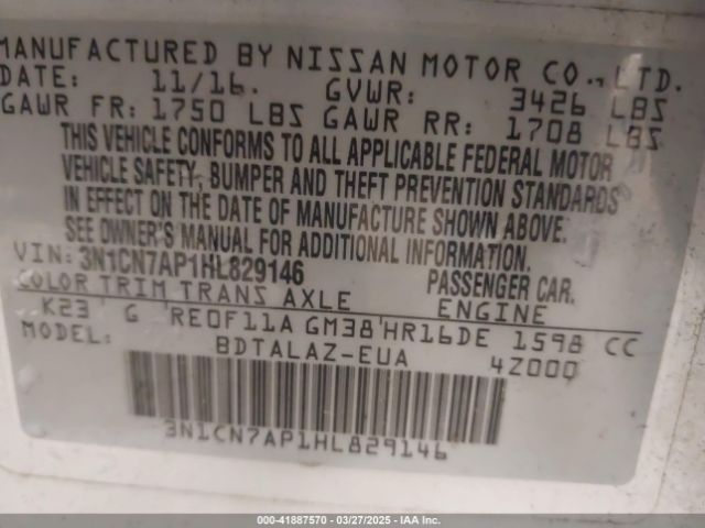 3N1CN7AP1HL829146 Nissan Versa 1.6 S+