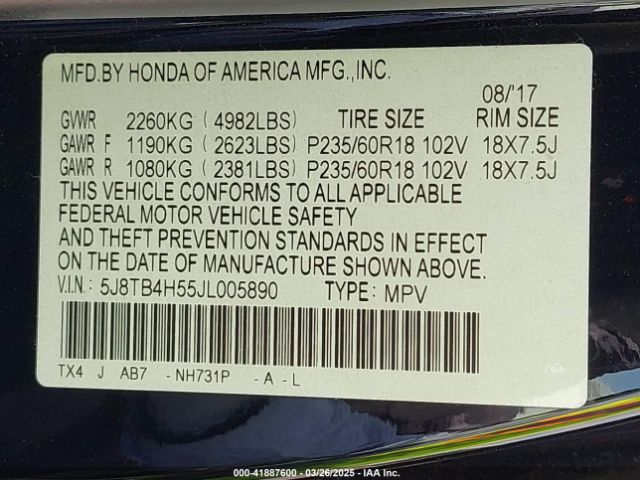 5J8TB4H55JL005890 Acura Rdx Technology   Acurawatch Plus Packages/technology Package