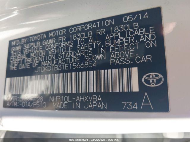 JTDKDTB31E1566854 Toyota Prius C Two