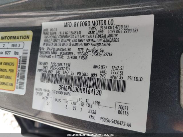 3FA6P0LU0HR164130 Ford Fusion Hybrid Se