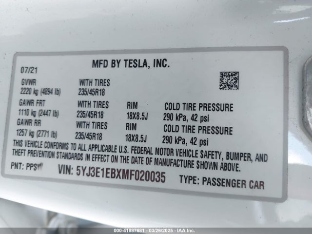 2021 TESLA MODEL 3 5YJ3E1EBXMF020035 Photo 8