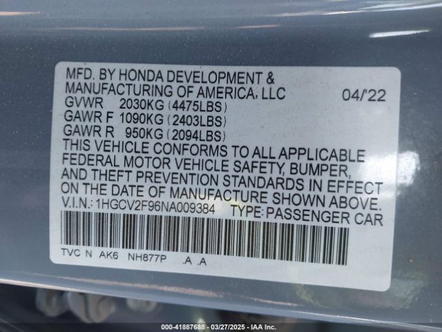 1HGCV2F96NA009384 Honda Accord Touring