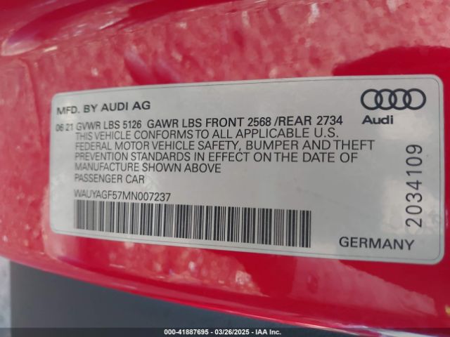WAUYAGF57MN007237 Audi A5 Cabriolet Prestige 45 Tfsi Quattro S Tronic