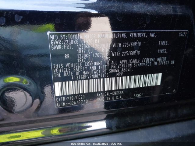 4T3T6RFV7NU074456 Toyota Rav4 Hybrid Se