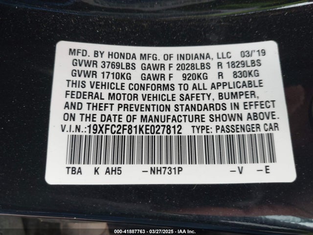 19XFC2F81KE027812 Honda Civic Sport