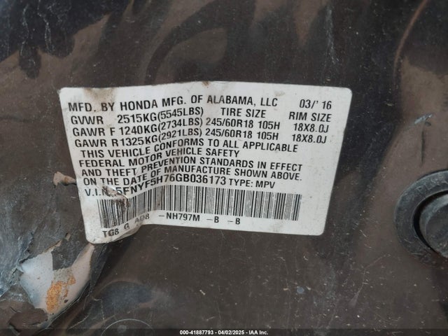 5FNYF5H76GB036173 Honda Pilot Ex-l