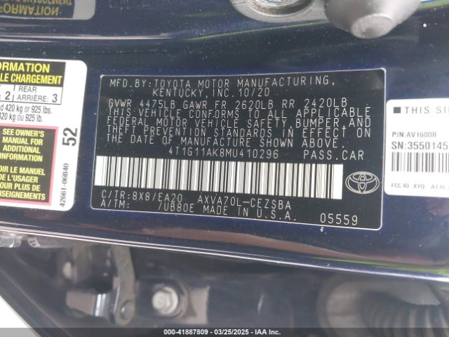 4T1G11AK8MU410296 Toyota CAMRY SE