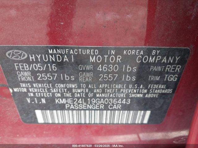 KMHE24L19GA036443 Hyundai Sonata Hybrid Se