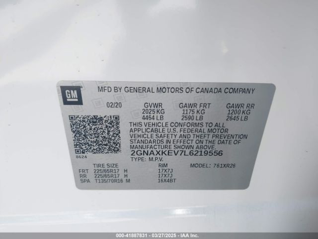 2GNAXKEV7L6219556 Chevrolet Equinox Fwd Lt 1.5l Turbo