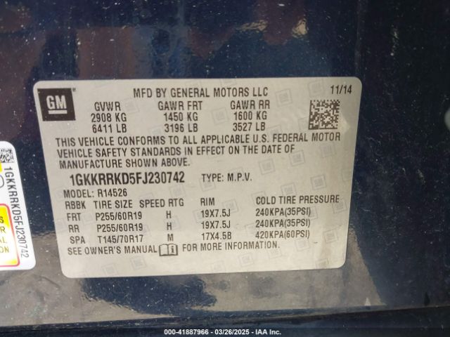 1GKKRRKD5FJ230742 GMC Acadia Slt-1