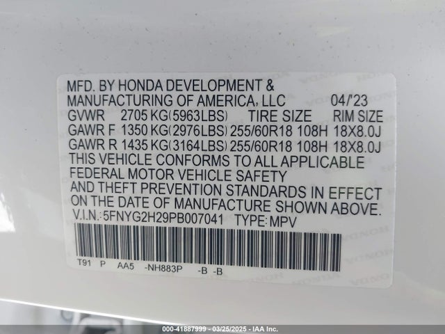 5FNYG2H29PB007041 Honda Pilot 2wd Lx