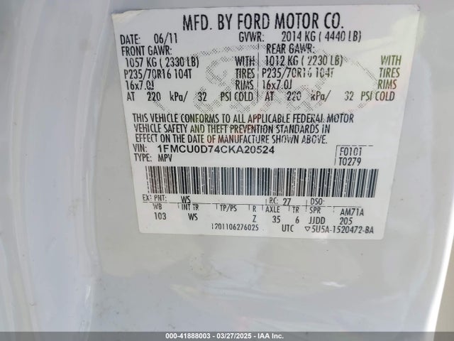Aukcja sprzedaży 2012 Ford Escape Xlt, vin: 1FMCU0D74CKA20524, numer aukcji: 41888003