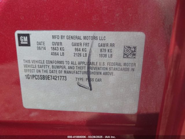 1G1PC5SB9E7421773 Chevrolet Cruze 1lt Auto