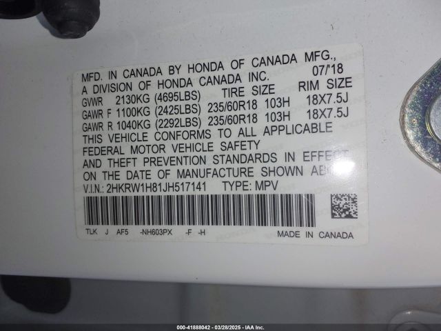2HKRW1H81JH517141 Honda Cr-v Ex-l/ex-l Navi