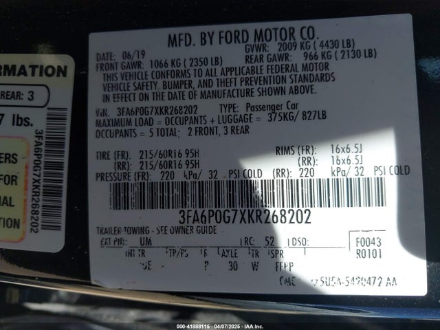 Ford FUSION S 2019 3FA6P0G7XKR268202 Image 9
