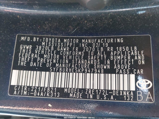 5YFBURHE5KP947948 Toyota COROLLA LE
