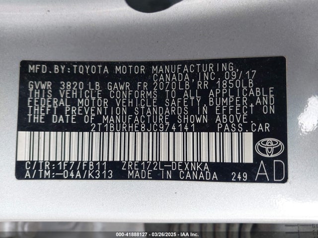 2T1BURHE8JC974141 Toyota COROLLA LE