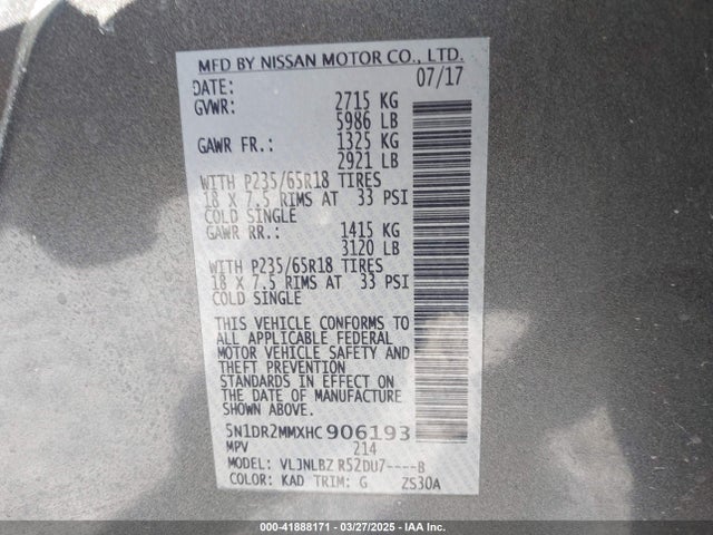 5N1DR2MMXHC906193 Nissan Pathfinder S