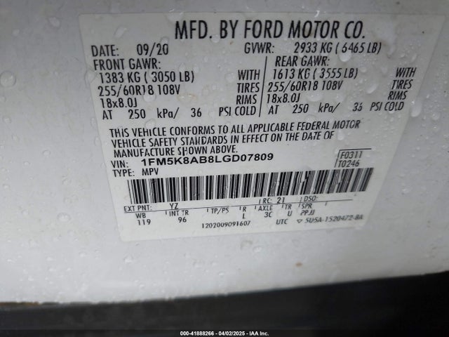 1FM5K8AB8LGD07809 Ford Police Interceptor