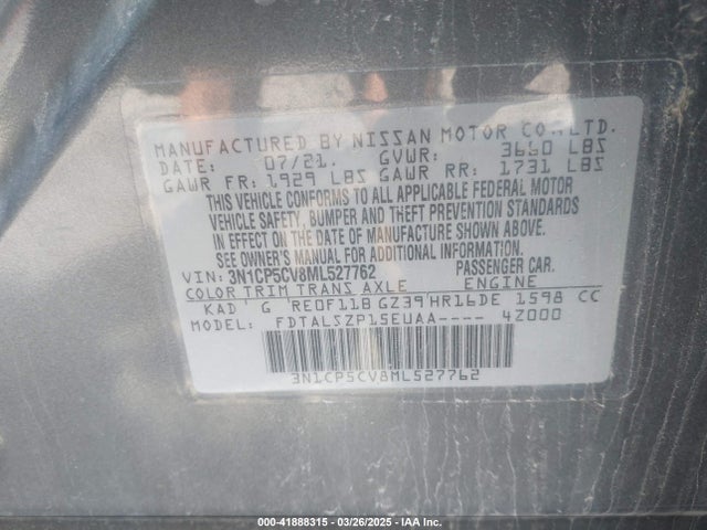 3N1CP5CV8ML527762 Nissan Kicks Sv Xtronic Cvt