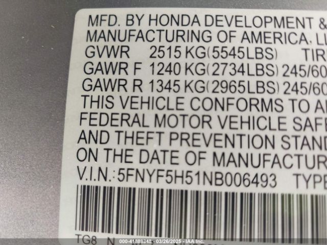 5FNYF5H51NB006493 Honda Pilot 2wd Ex-l