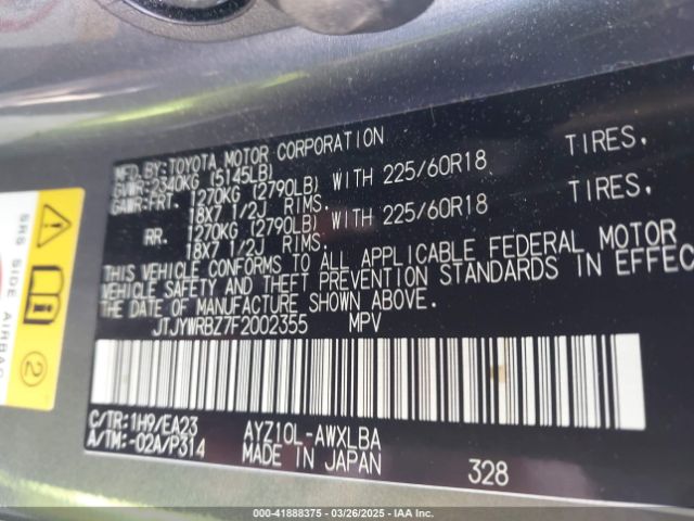 JTJYWRBZ7F2002355 Lexus NX 300H