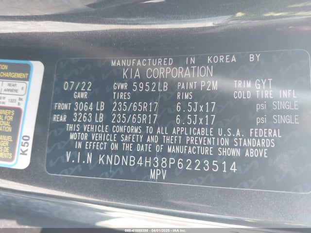 KNDNB4H38P6223514 KIA Carnival Mpv Lx Seat Package