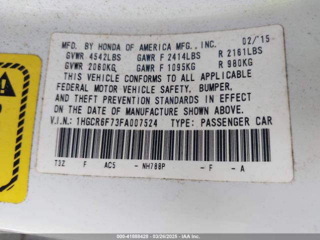 1HGCR6F73FA007524 Honda Accord Hybrid Touring
