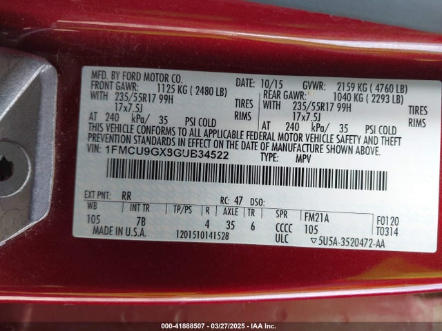 1FMCU9GX8GUB34522 Ford ESCAPE SE