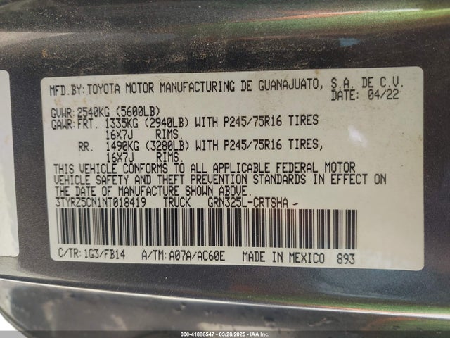 3TYRZ5CN1NT018419 Toyota Tacoma Sr V6