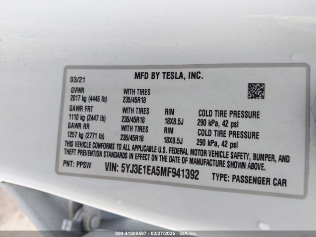 5YJ3E1EA5MF941392 Tesla Model 3 Standard Range Plus Rear-wheel Drive