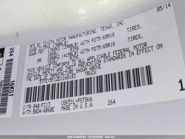 5TFEY5F12EX168183 Toyota Tundra Sr5 5.7l V8